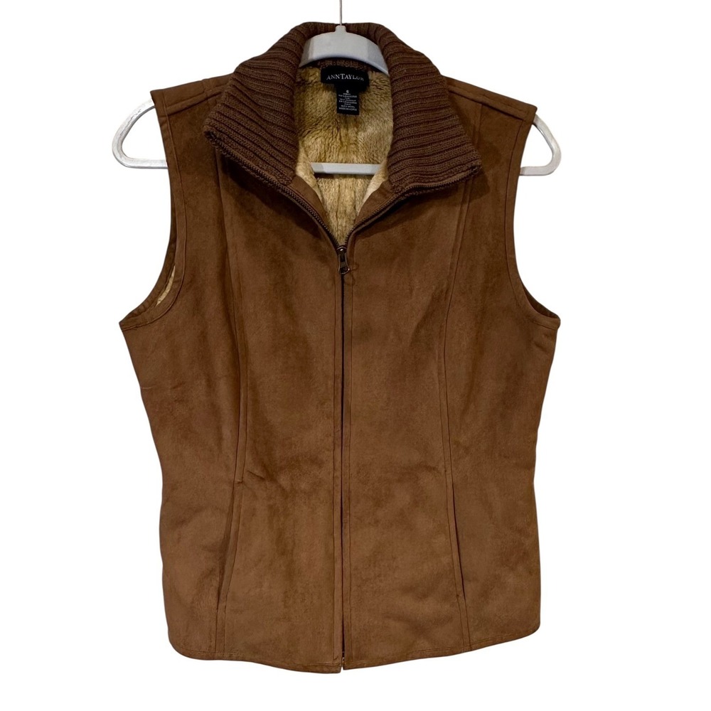 Ann Taylor Womens Faux Suede Vest Brown Small Faux Fur Lined Western Mountain